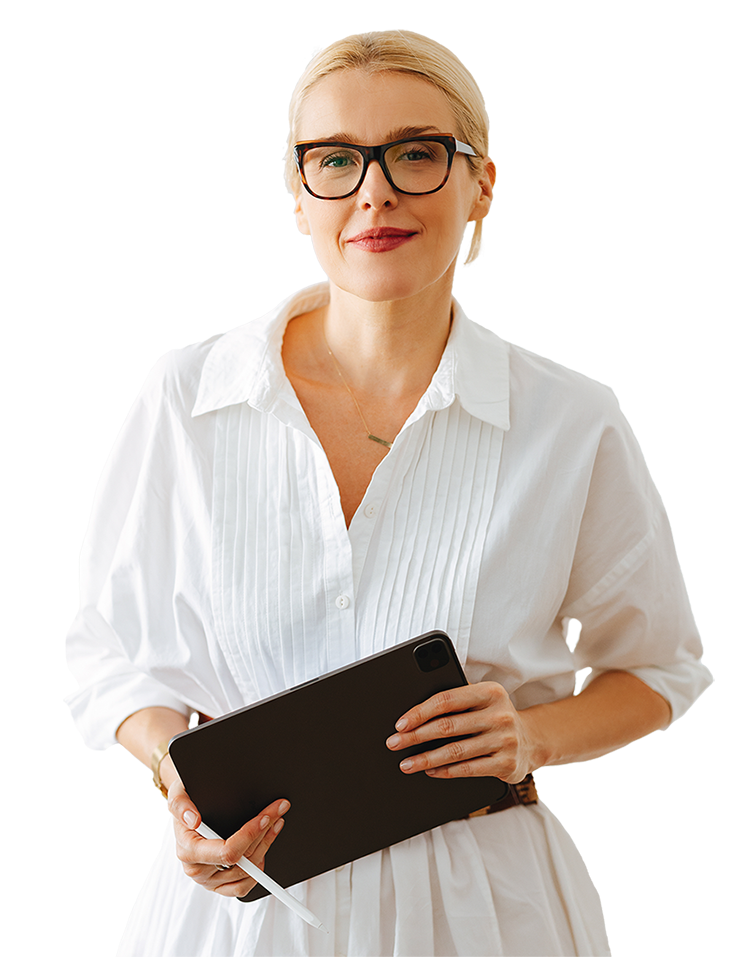 A person is wearing a pleated shirt and holding a tablet and stylus.