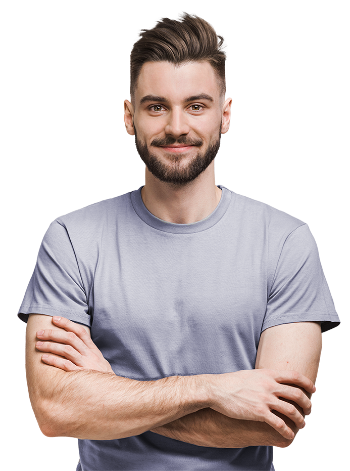 A person is wearing a t-shirt with arms crossed.