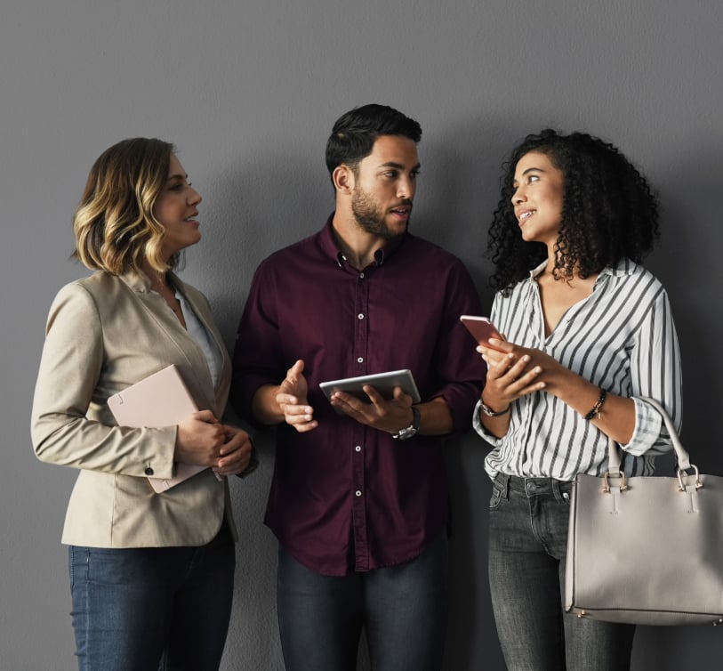 Three people talking