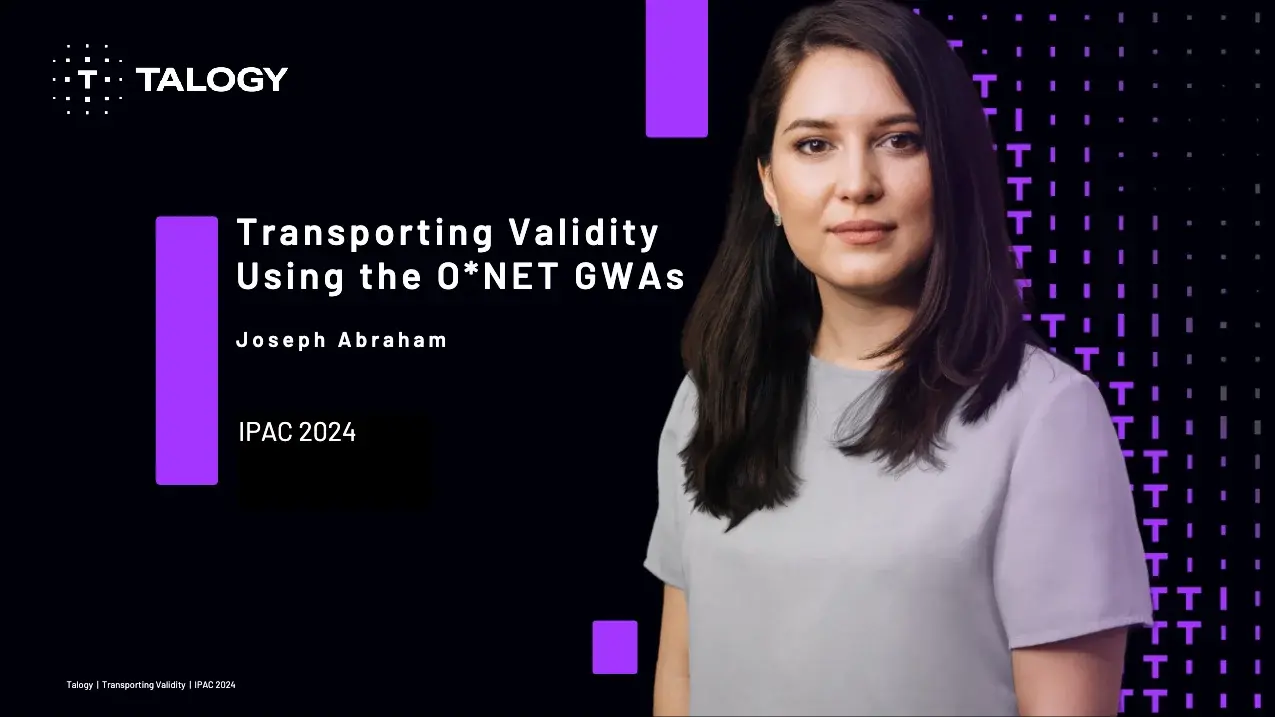 Cover of the Talogy research report “Transporting validity using the O*NET GWAs”