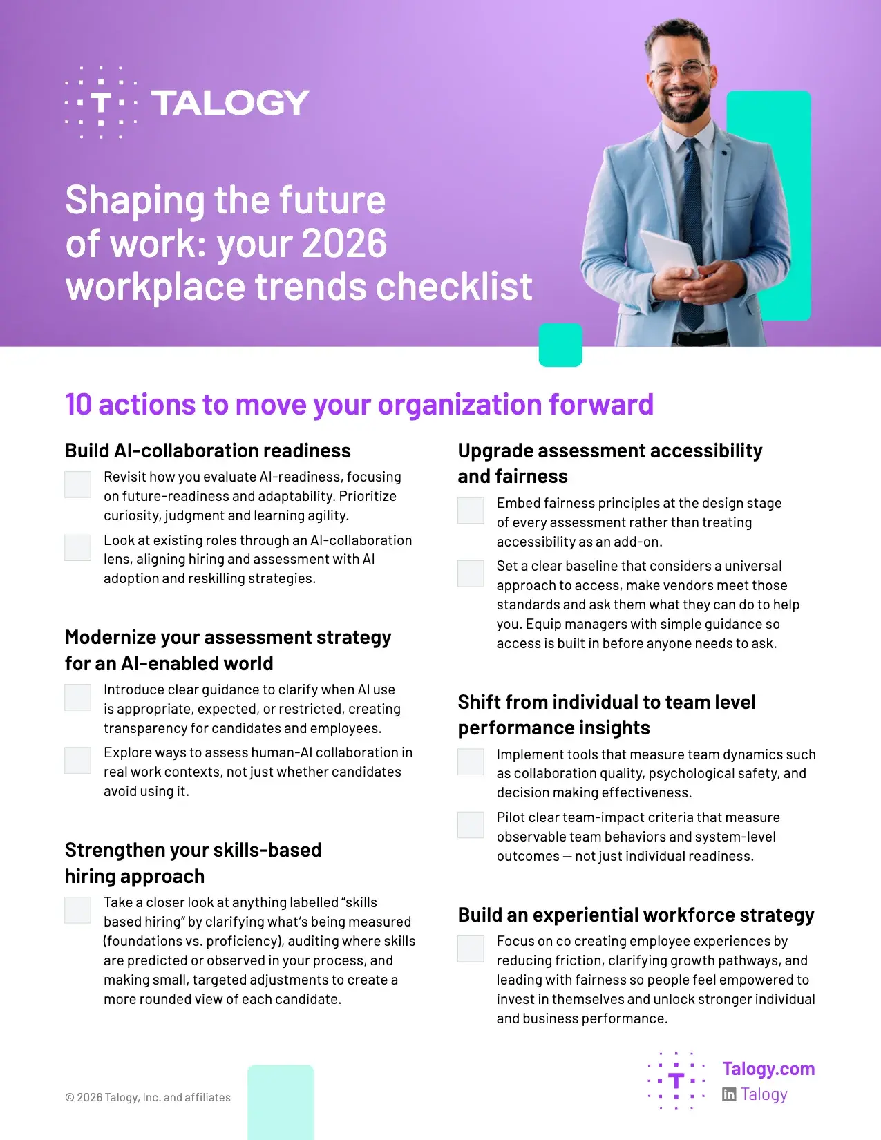Cover of the Talogy tipsheet “Shaping the future of work: Your 2026 workplace trends checklist”