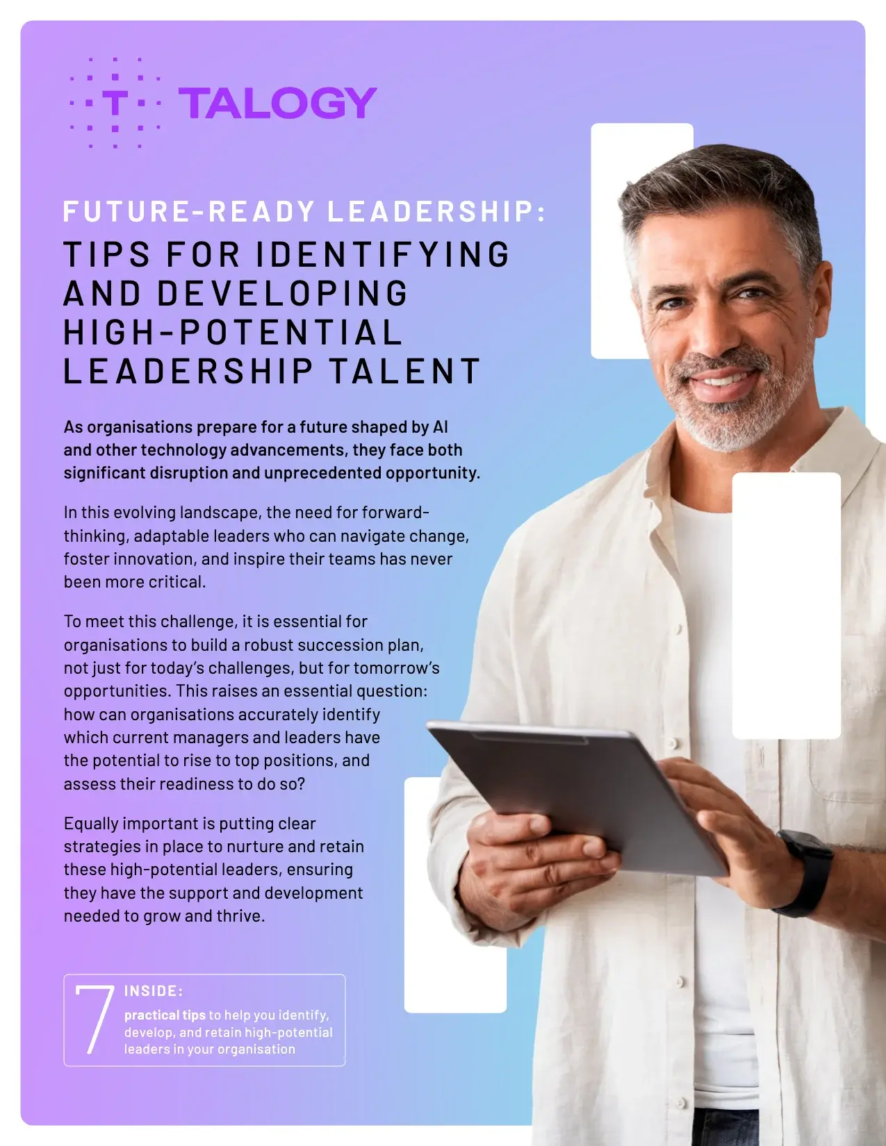 Cover of the Talogy tipsheet “Future-ready leadership: Tips for identifying and developing high-potential leadership talent”