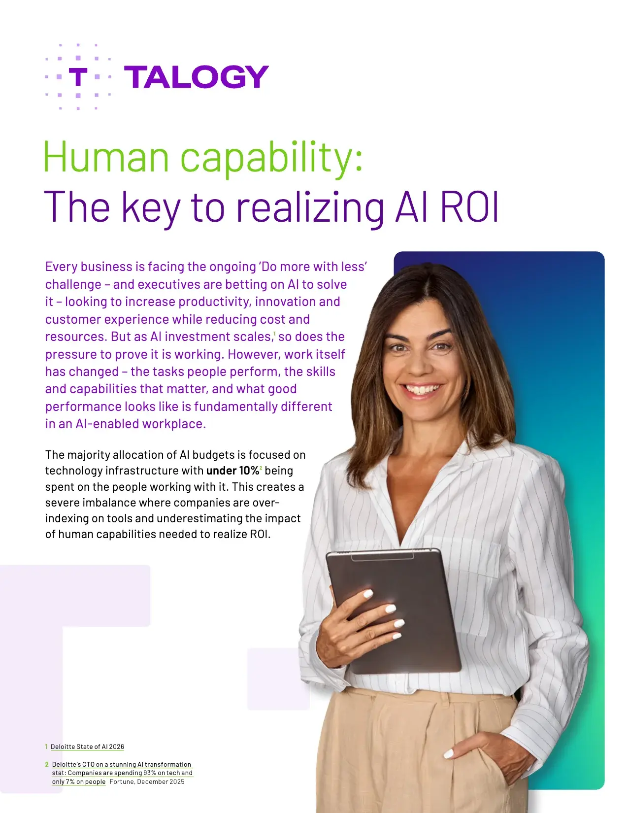 Cover of the Talogy guide “Human capability: The key to realizing AI ROI”