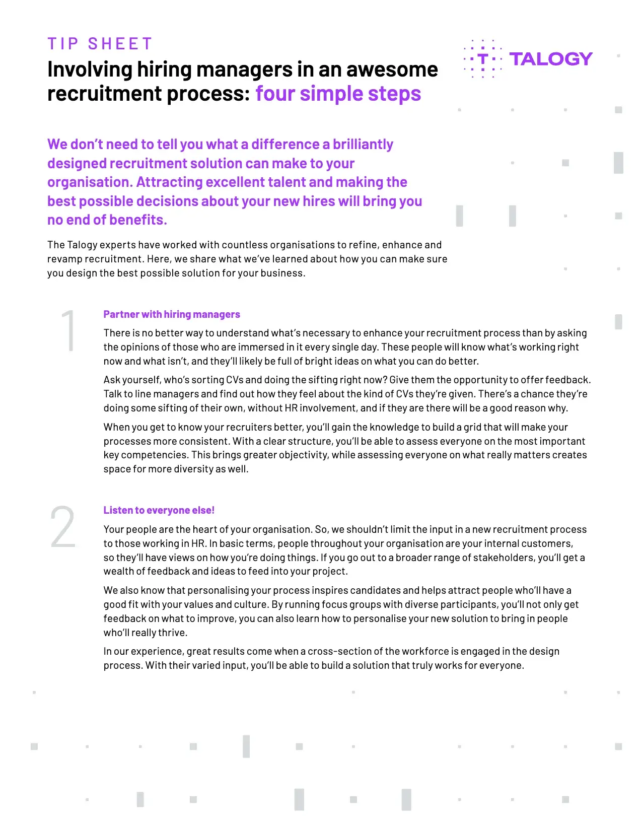 Cover of the Talogy tipsheet “Involving hiring managers in an awesome recruitment process: Four simple steps”
